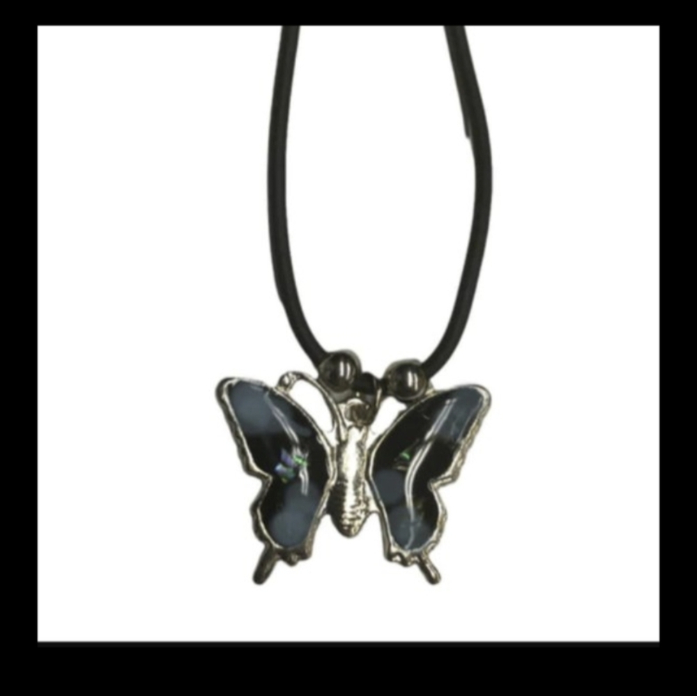 🦋Butterfly Multi Colors on black/silver Pendant on 18" Black Leather